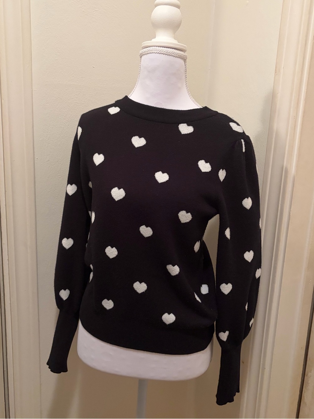 Nanette Lepore Black Crewneck Sweater with White Heart Print